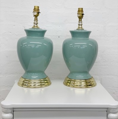 2 x Vintage Keramik Tischlampen / Nachttisch / türkis Jade Entenei blau / gold 15''