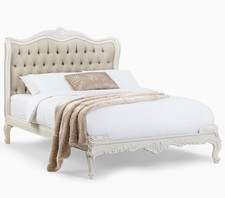 Beige & White Upholstered Tufted Sleigh Double Bed Frame with Headboard