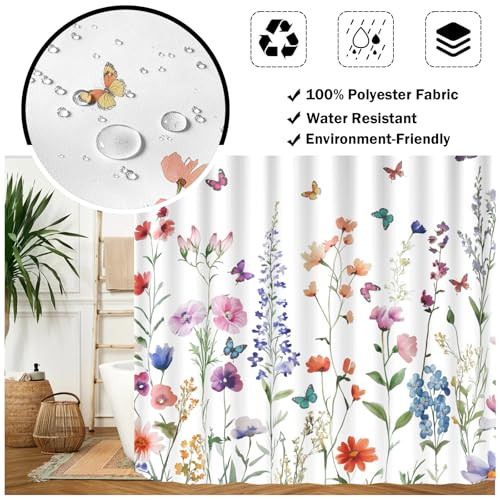 72x72 Inch Shower Curtain Flower Butterflies Bath Curtain Spring Summer Floral - Picture 2 of 7