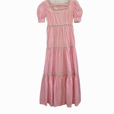 Vintage 1970s Handmade Pink Maxi Dress, Cottage Core, Tiered, Puff Sleeves