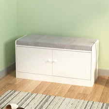 Shoe Cabinet Storage Bench W Double Doors Cushioned Seat and Adjustable Shelves
