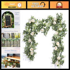 13FT White Rose Eucalyptus Garland - 2 Pcs Floral Decor for Weddings, Table Runn