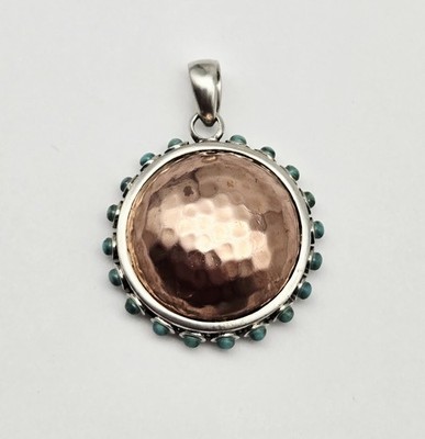 Barse Sterling Silver & Copper Pendant 15.4g Hammered Dome Turquoise Bead Accent
