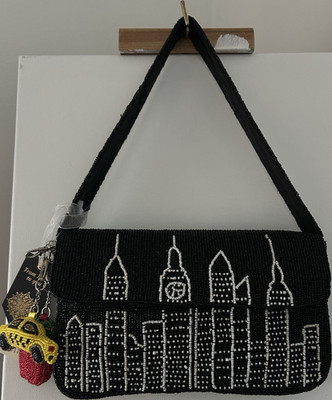 Black White Beaded Cityscape Shoulder Bag with Taxi Charm, Magnetic, Lined