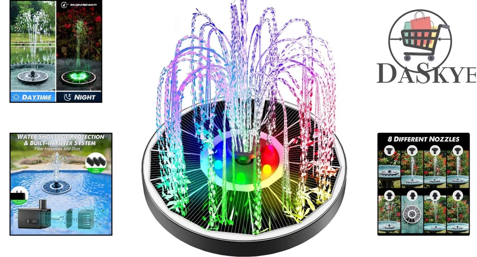 Eco-Friendly Solar Water Fountain with Colorful LED Lights & 2200mAh Battery - Image 2 of 4