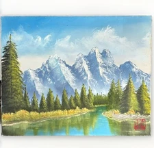 Vintage Wet-on-Wet Oil Painting 李美余梅 River Landscape Mountains Trees, 80s SF Art