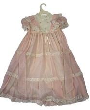Vintage Bryan Light Pink/White flocked Polka Dot Ruffled Little Girls Dress T3