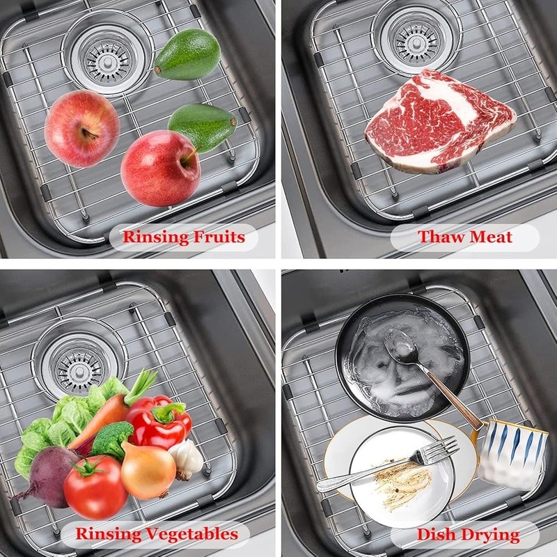Stainless Steel Kitchen Sink Grid Protector Multifunctional Drain Rack Dishes US