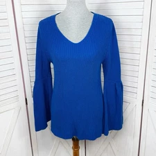 Style & Co Sweater Women Medium Blue Bell Sleeve V Neck Ribbed Knit Tunic Cotton