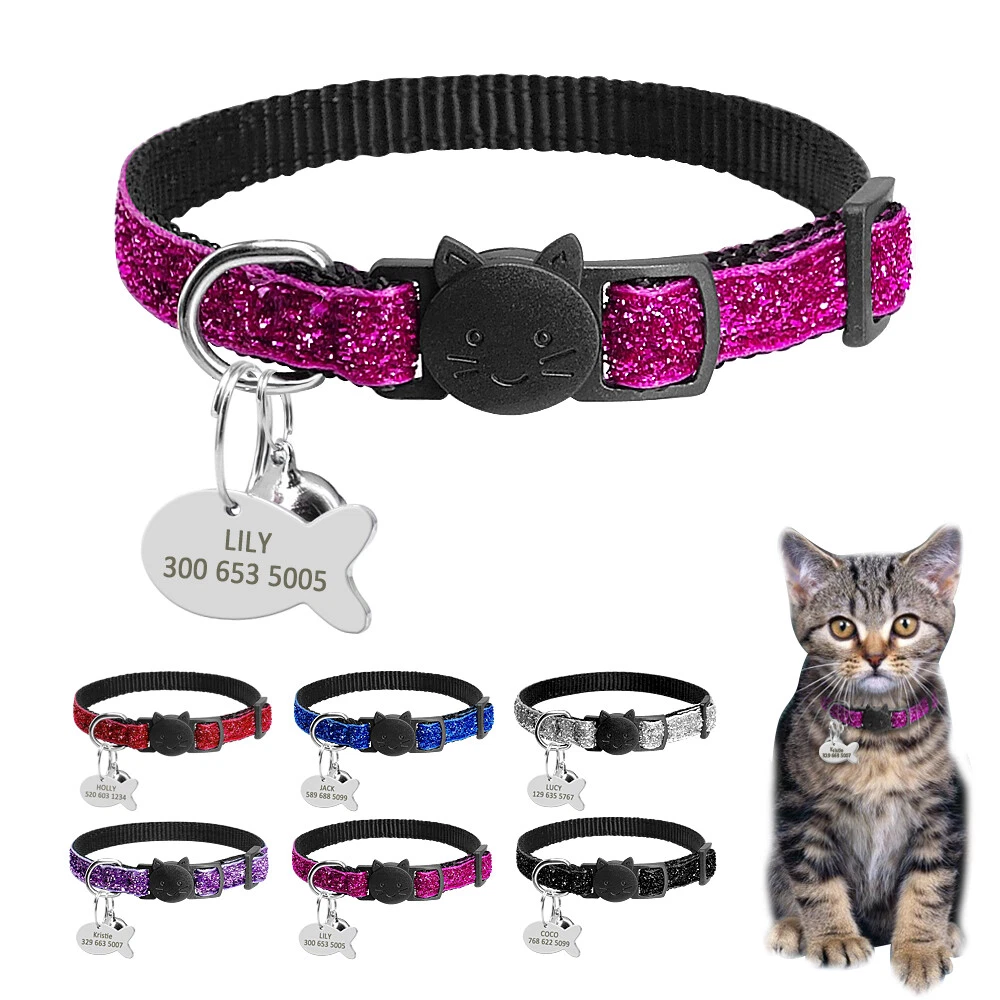 Nylon Fancy Sequins Breakaway Cat Collar with Bell Engraved ID Name Fish  Tag | eBay