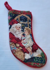 Mini 9 1/2" Needlepoint Old World Santa w/ Child on Lap Stocking Red Velvet Back