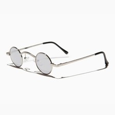 Round Victorian Goth Edwardian Spectacle Sunglass Silver / Mirror Lens - Watson