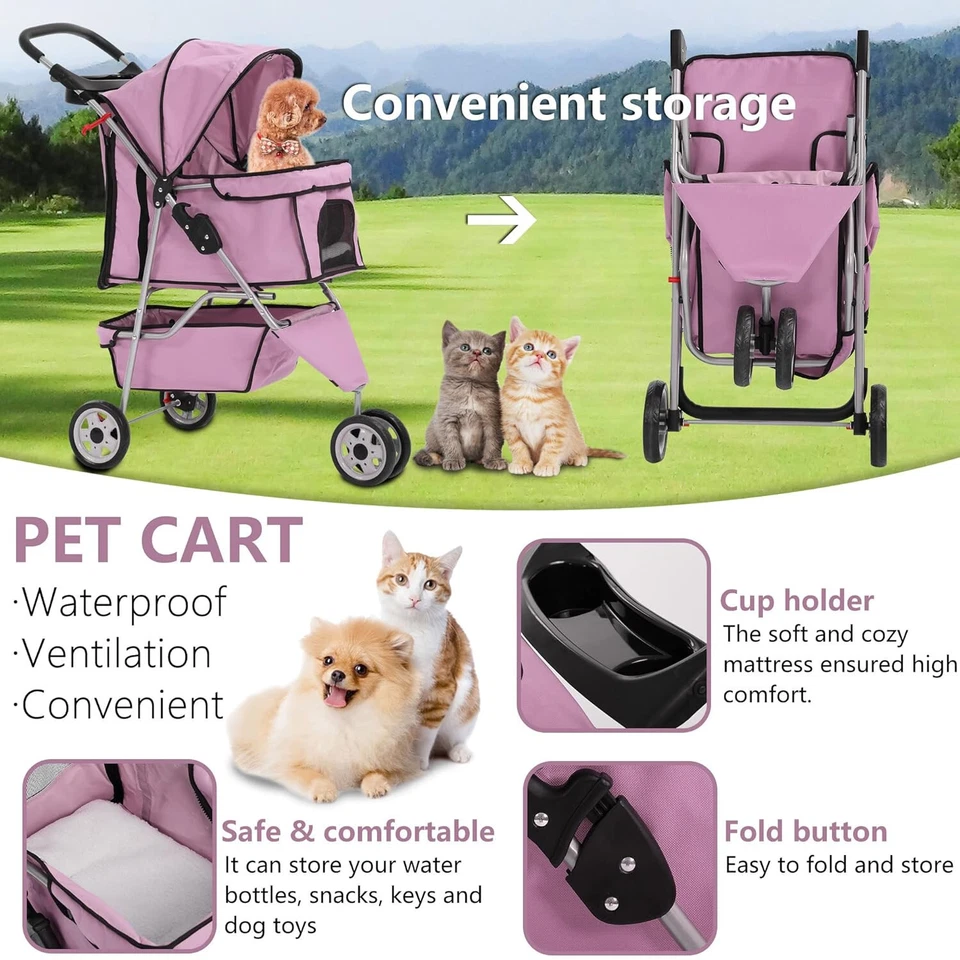 New Pink Pet Stroller Cat Dog Cage 3 Wheels Stroller Travel Folding Carrier - Image 3 of 4