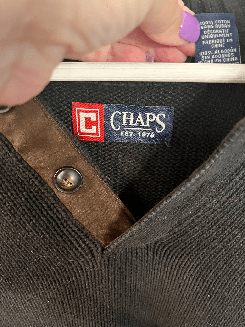 Chaps Black Mock Button Neck Elbow Patch Sweater … - image 4