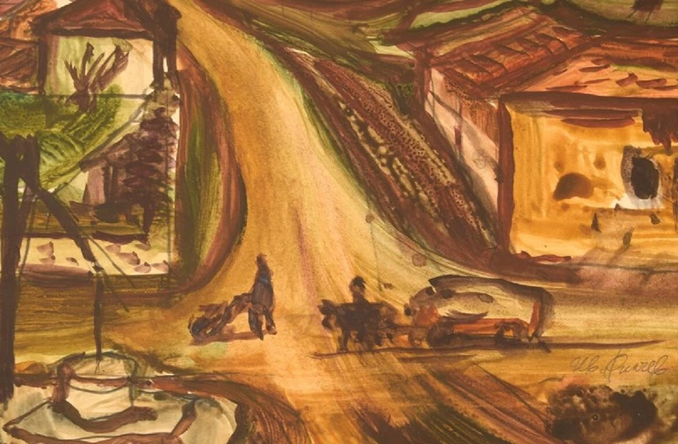 Artista húngaro desconocido. Acuarela sobre papel. Paisaje de ciudad modernis... - Imagen 3 de 4