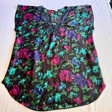 Lucie Ann II Vintage Floral Lace Trim Nightgown Top Black Pink Teal Made in USA
