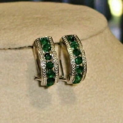 2Ct Round Cut Simulated Emerald Women's Hoop Earring 14k White Gold Plated