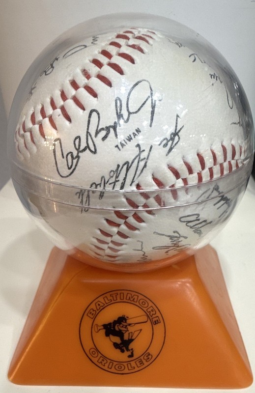Cal Ripken Baltimore Orioles Signed Baseball in Clear Display Case on Stand