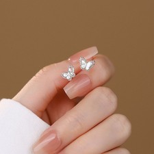 925 Silver Plated Butterfly Screw Ear Studs Women's Elegant Alloy Earrings
