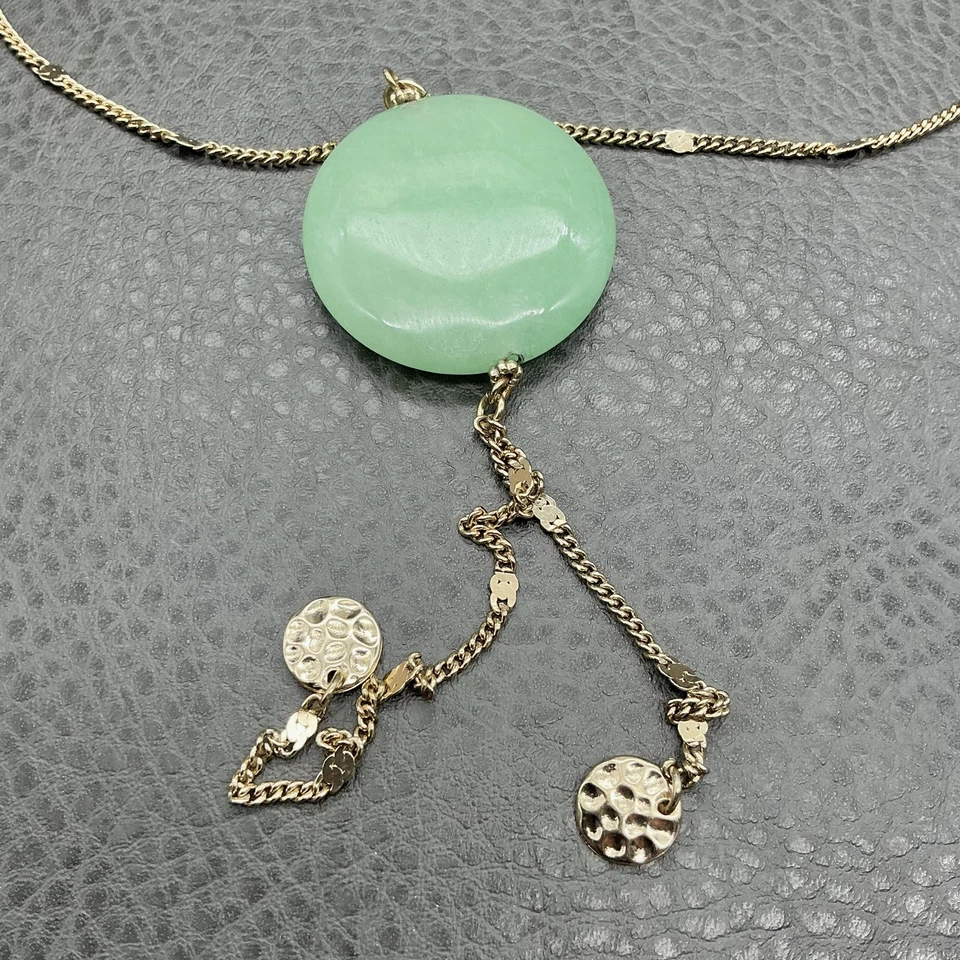 Layered Gold Tone Necklace Double Chain Green Jade Pendant Statement Jewelry - Image 4 of 4