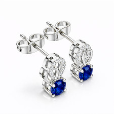 Orecchini Halo Studs Zaffiro Blu Ceylon Diamante Certificato Naturale Oro 14K...