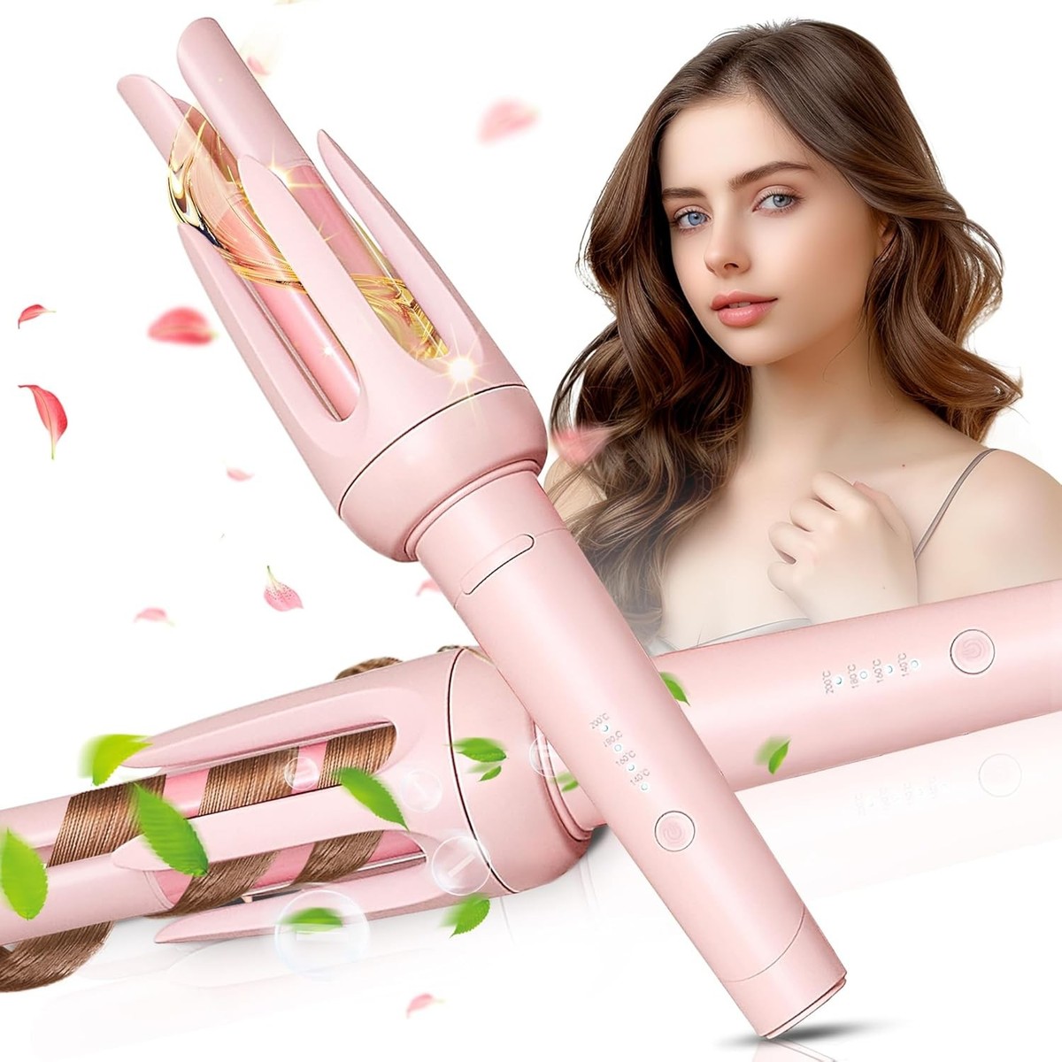 Auto Hair Curler, Automatic Curling Iron with Temperature Timer, Pink