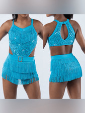 Weissman Elite Dance solo costume teal aqua Fringe Can You Do This D12439 XSA