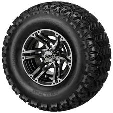 (4) Golf Cart 22x11-10 Sierra Sport A/T Tire on 10x7 Black/Machined Yukon Wheels