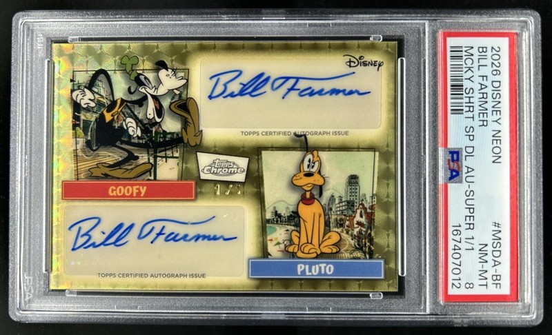 2026 Topps Disney Neon Bill Farmer Mickey Shorts Auto SuperFractor #1/1 PSA 8