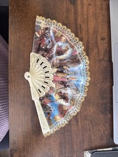 Vintage Spanish Motiff Folding Hand Fan Plastic Painted Fabric Lace - Excellent