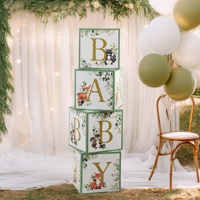 Woodland Baby Blocks Set Of 4 For Baby Shower Decorative Photo Props