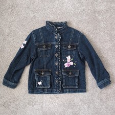 Dark Wash Toddler Girls Denim Jacket Size 5T, Ruffles and Floral Applique EUC