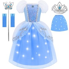 Princess Light Up Dress for Girls Blue Puff Sleeves Princess Costume Fancy Dr...