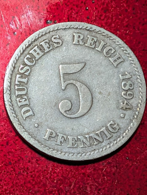 1894 E GERMANY GERMAN EMPIRE 5 FIVE PFENNIG  MULDENHUTTEN MINT  COIN #370