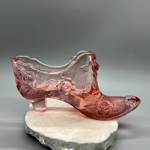 Vintage Fenton Pink Glass Slipper Shoe Boot Cabbage Rose