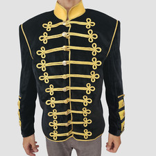 Mens Black Velvet Military Jacket Gold Braided Hussar Band Gothic Steampunk Coat