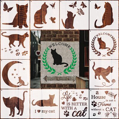 12 Pcs Cat Stencils Reusable Stencils Cat Theme Painting Templates Stencils f...