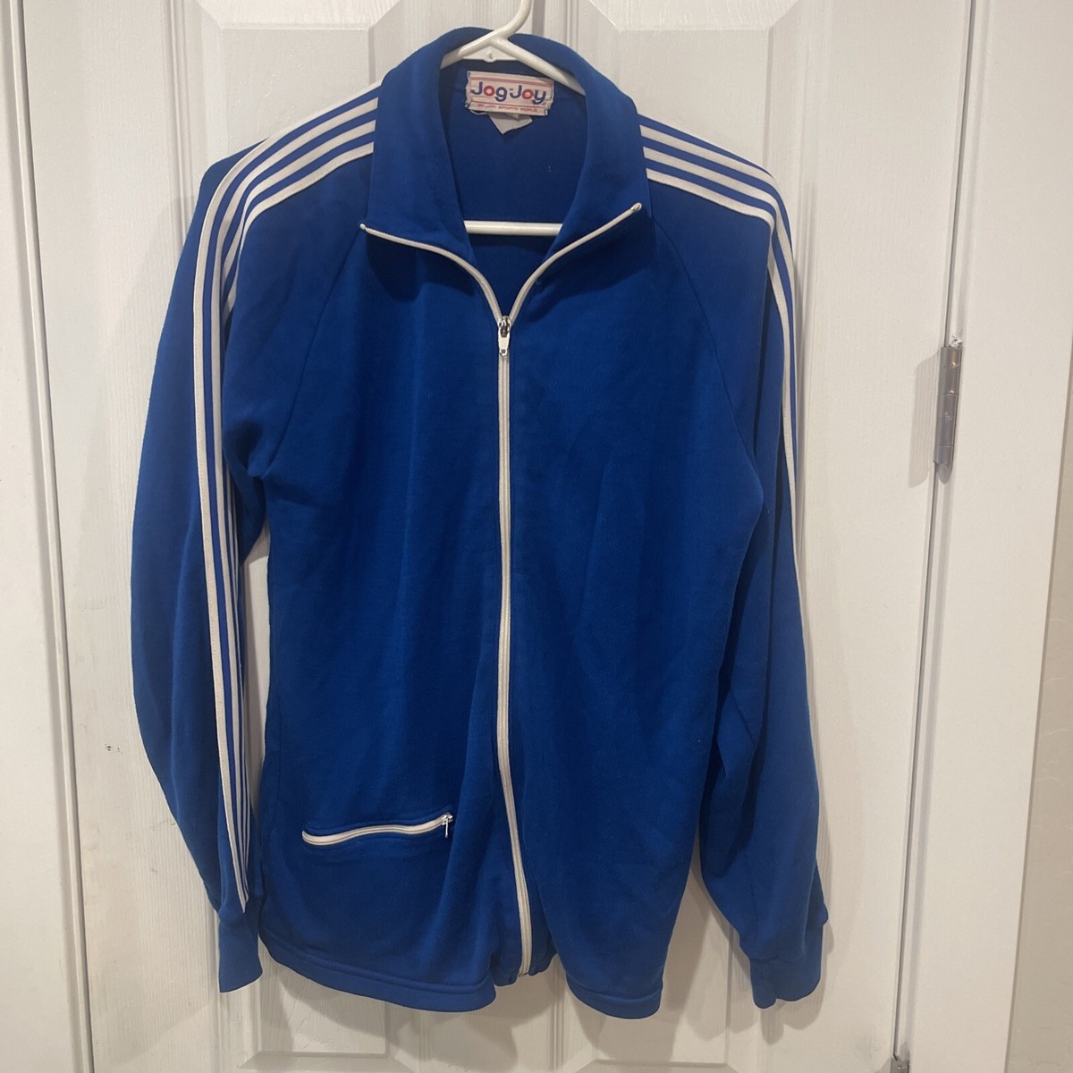 Vintage 1970's-80's Jog Joy Track Jacket Blue LARGE Zipper Pocket