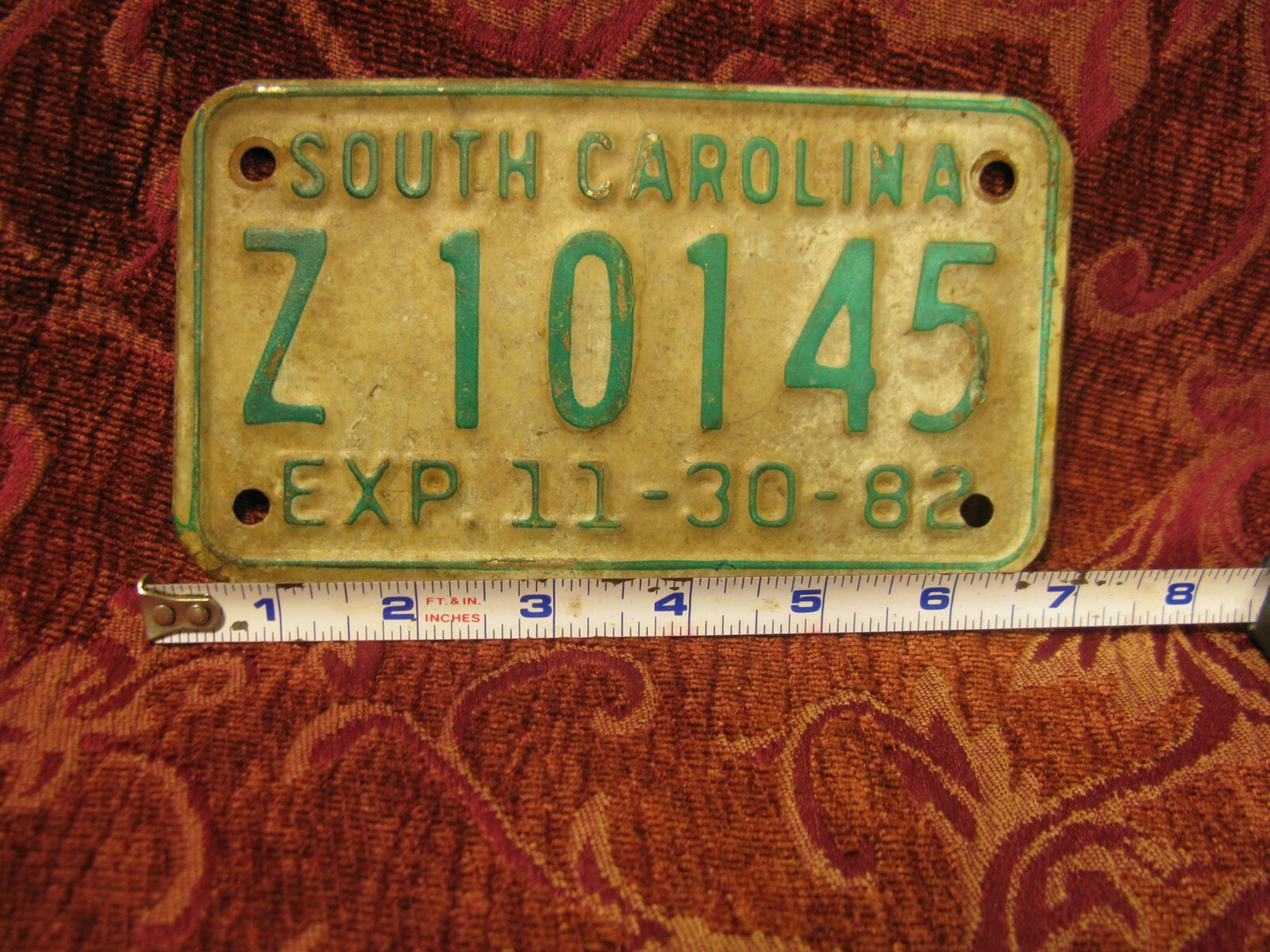 1982 South Carolina Motorcycle License Plate Tag "Z10145" Embossed