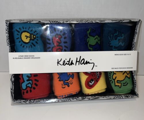 Keith Haring 8 paires de chaussettes équipage pour hommes taille 10-13 avec tiroir organiser **Livraison gratuite - Photo 1/6