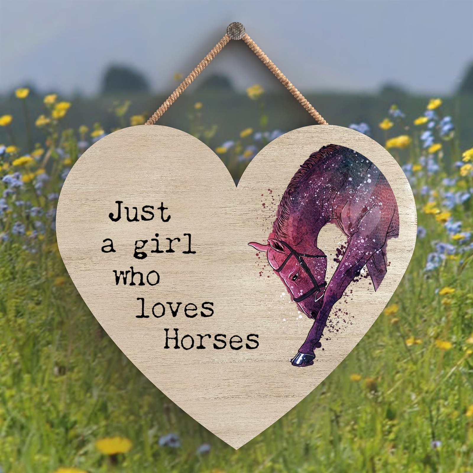 Just A Girl Who Loves Horses Equestrian Watercolour Wooden Heart Hanging Plaque
