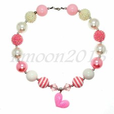 Fashion Women Pink Heart Pendant Chunky Beads Kids Gumball Bubblegum Necklace