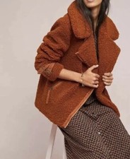 Marrakech Anthropologie Women Size Small Brown Fuzzy Teddy Moto Zip Jacket