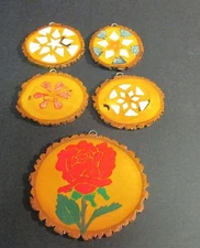 Lot of 5 Hand Crafted and Hand Painted Wood (Ash) Ornaments Wall Decor 1993