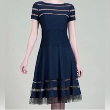 TADASHI SHOJI Navy Pintuck Jersey Mesh Sheer Illusion Stripe Tulle Dress S  4/6