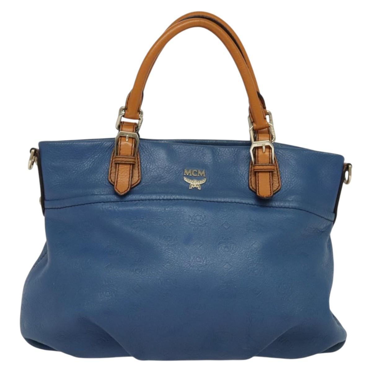 MCM Vicetos Logogram Hand Bag Leather 2way Blue Brown Auth MY353