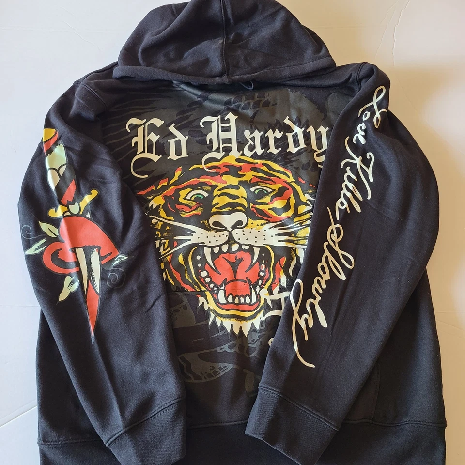 Sudadera con Capucha Ed Hardy Tiger Gráfica Pullover Negro Manga Larga Foto 3 de 4