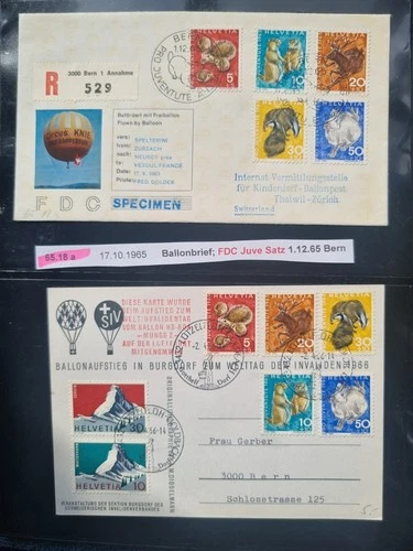 Sale! Switzerland 1965-66 Balloon Mail FDC (specimen) + postcard. Stamps - fauna