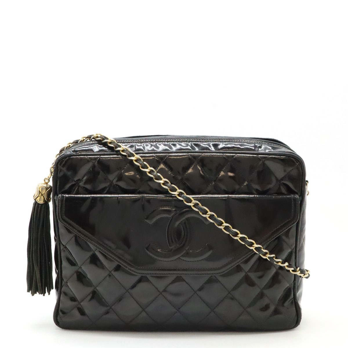 CHANEL Matelassé Coco Mark Chain Shoulder Bag Patent Leather Black From Japan
