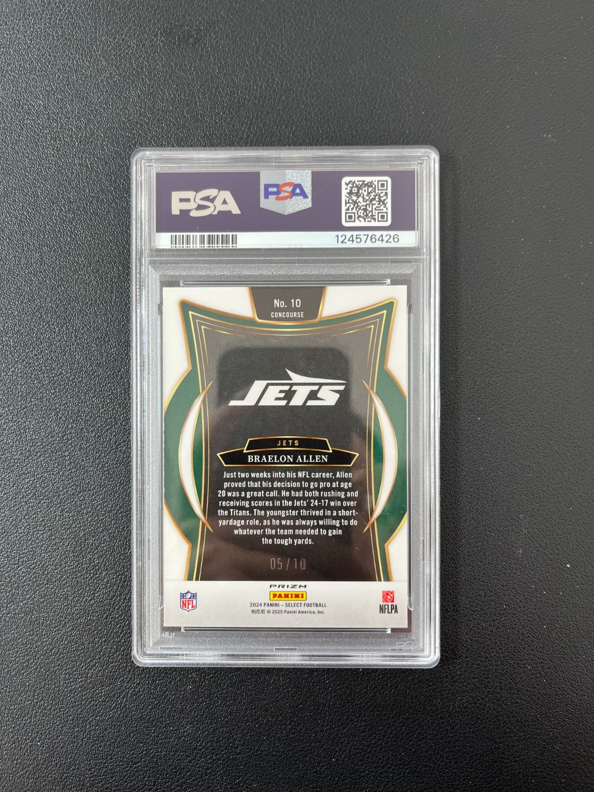 2024 Panini Select Football Braelon Allen Rc Rookie Gold Prizm 05/10 PSA 10 view 2